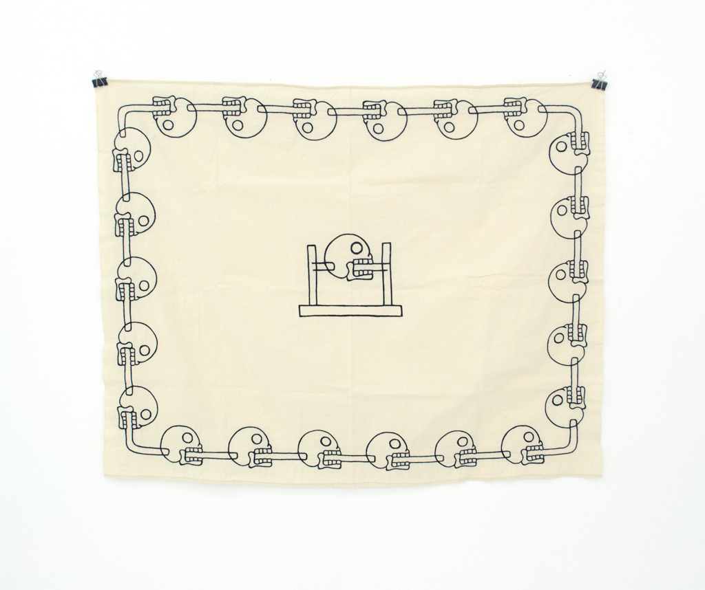 Tlatsoptli ika Tzompantli Tlaxochimako (Blanket with Tzompantli Ornaments)